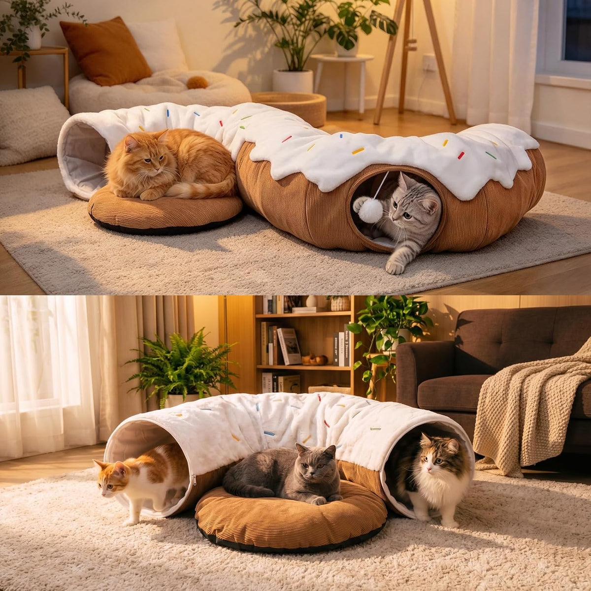 Donut Cat Bed Tunnel for Indoor Cats with Hanging Pom Pom Toy