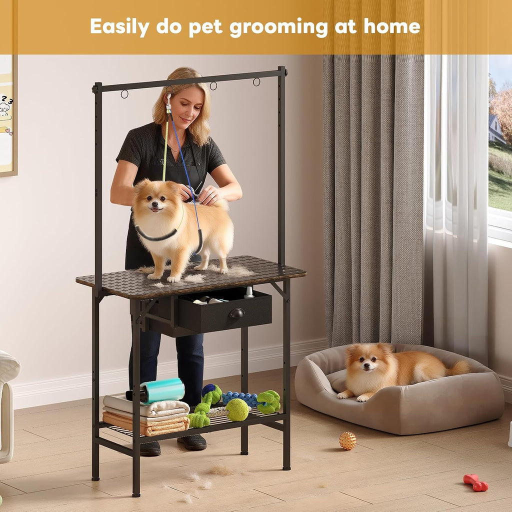 Dog Grooming Table with Drawers and Mesh Tray,32 Inch Adjustable Pet Grooming Table with Non-slip Removable Washable Mat