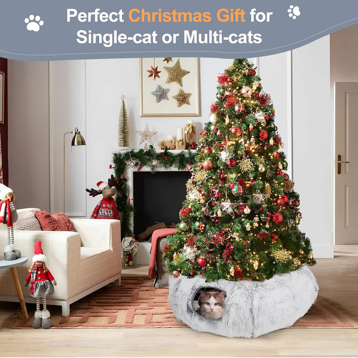 Cat Tunnel Bed for Indoor Cats, L Christmas Tree Skirts Washable Warm Soft Indoor Cat Donut Tunnel, Multifunctional Cat 