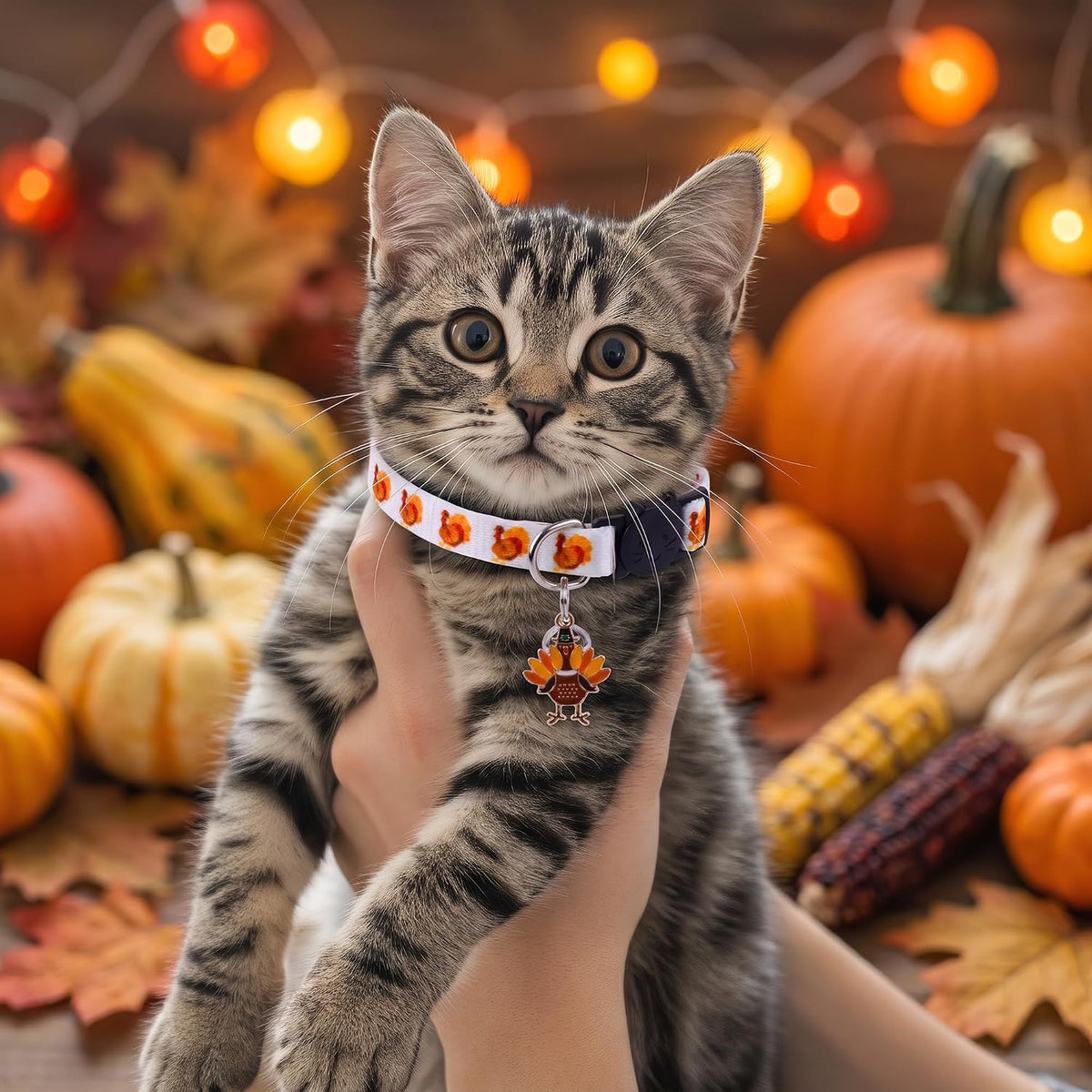4 Pack Thanksgiving Cat Collars Breakaway with Bell and Charm Adjustable Fall Kitten Collar Set Pumpkin, Turkey, Maple L