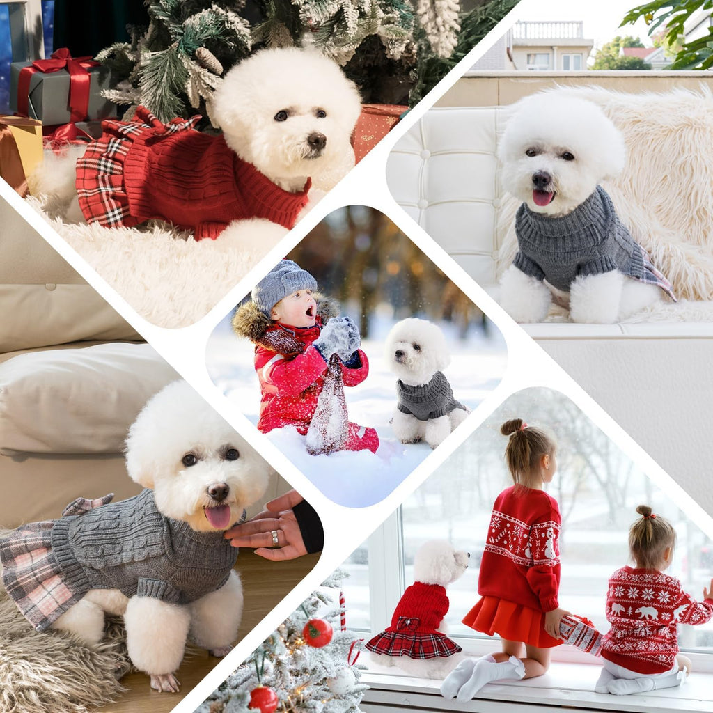 Small Dog Sweater Dress with Bowtie Turtleneck - Knitted Pet Clothes