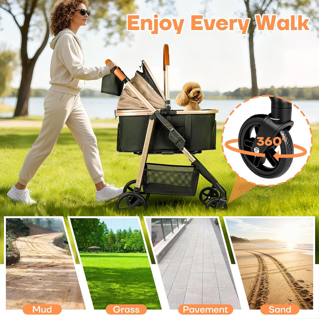 Dog Cat Stroller for Small/Medium Pets, 50 lbs, 3-in-1 Pet Stroller, Khaki