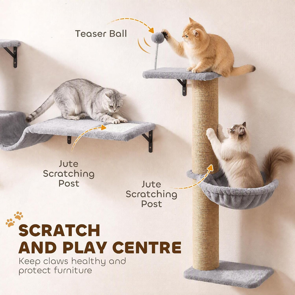 PawHut 3-in-1 Cat Wall Shelves, Wooden Cat Climbing Furniture, Gray