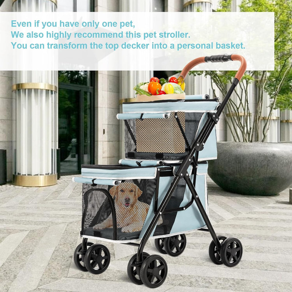 Double Pet Stroller for 2 Dogs & Cats, Double-Decker, Blue