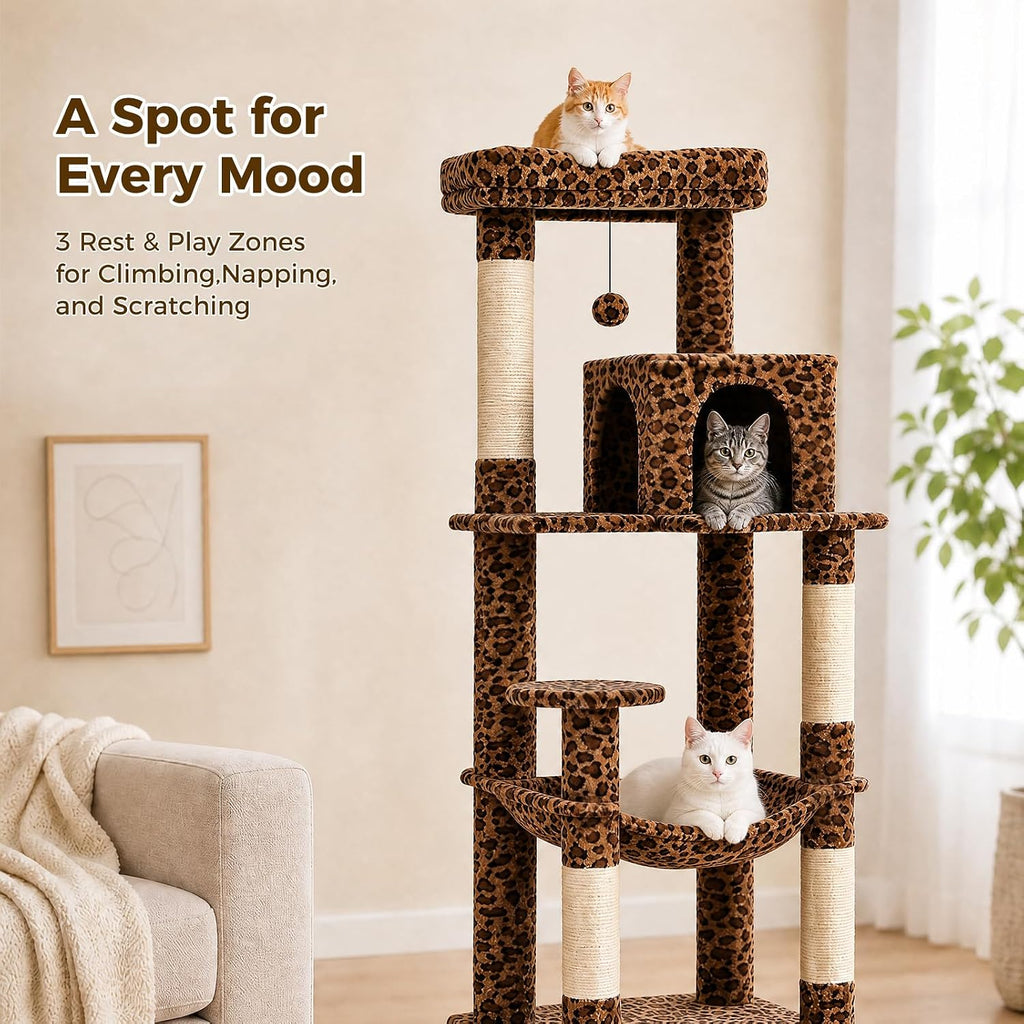 PETEPELA Leopard Print Cat Tree, 56in 4-Tier Cat Tower for Indoor Cats