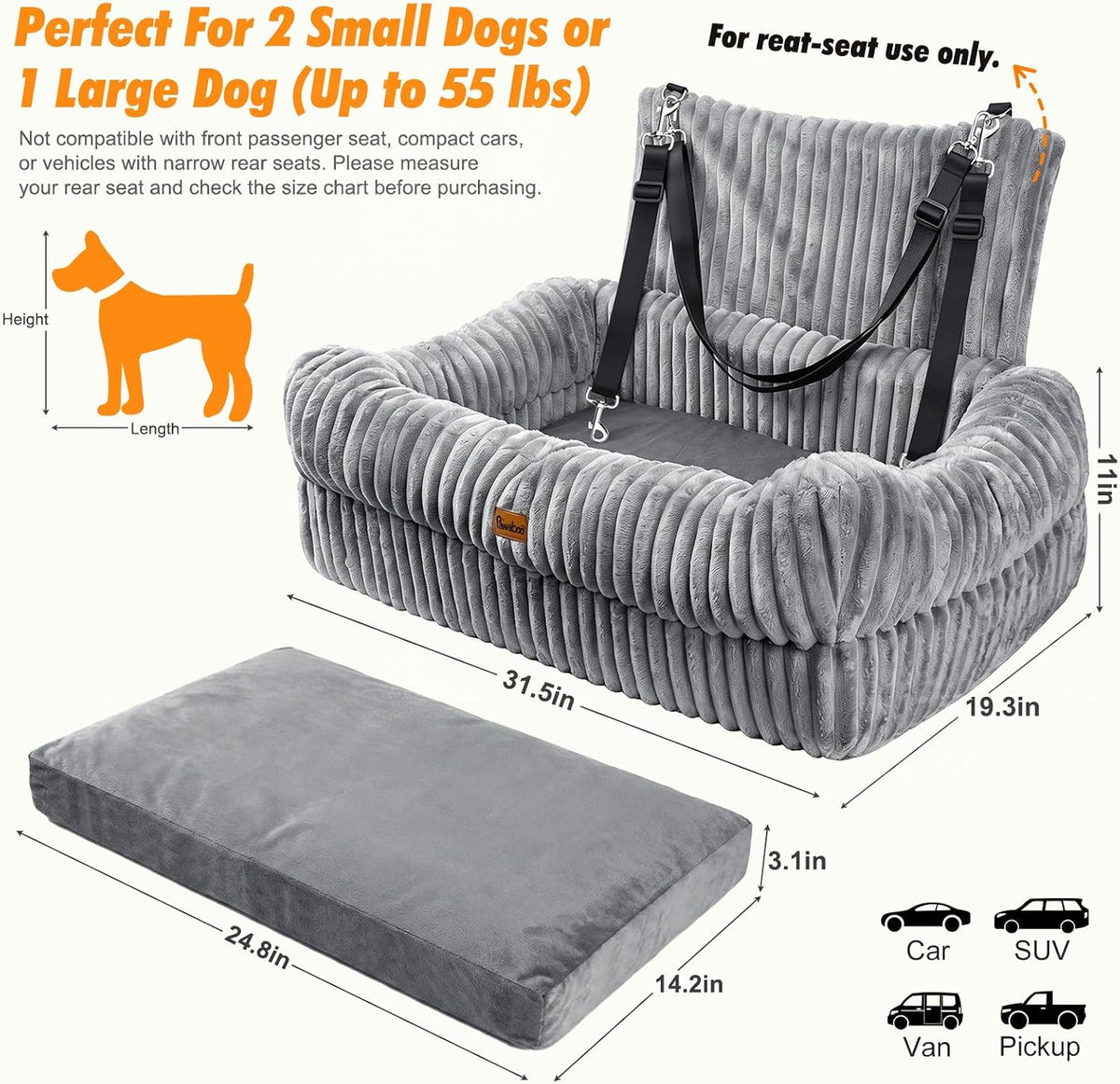 Pawaboo Dog Car Seat Bed, Memory Foam Booster for Medium/Large Dogs, Gray
