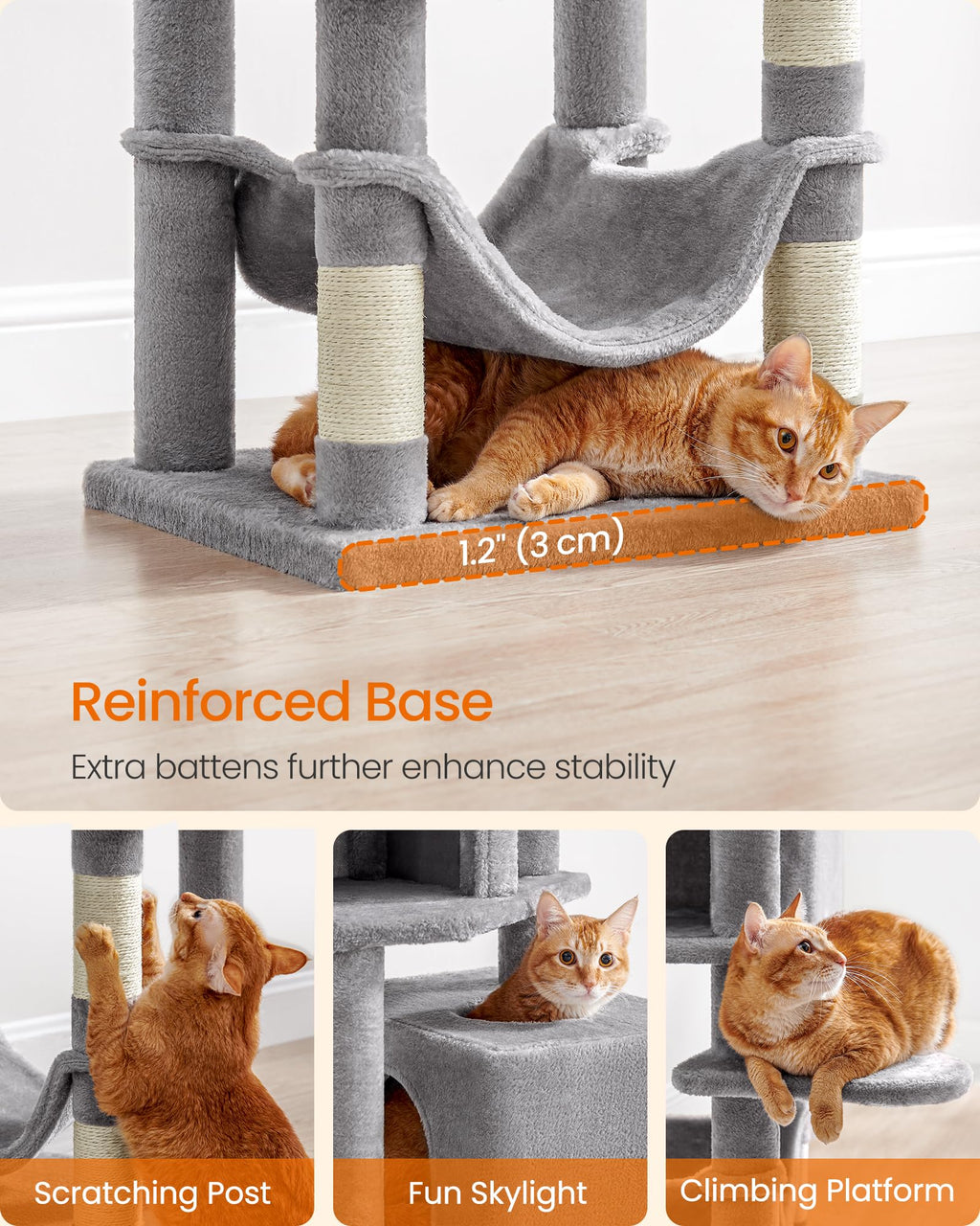 Feandrea Cat Tree, 59.5-Inch Tall Cat Tower, Multi-Level Condo, Light Gray