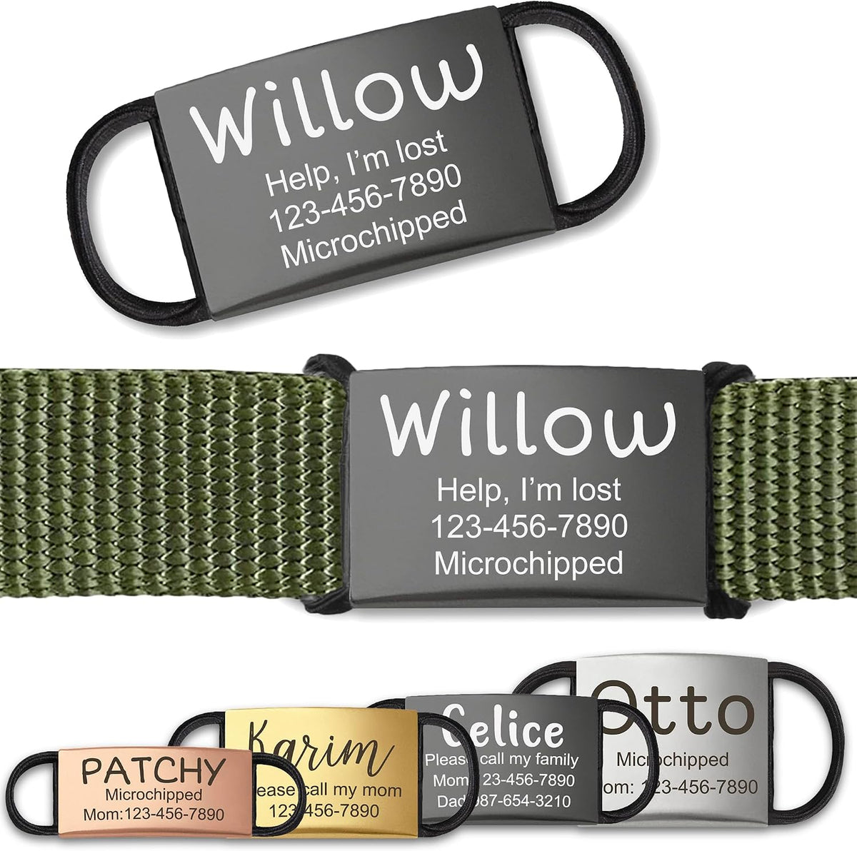 Slide On Silent Pet ID Tags, S/M/L/XL Personalized Stainless Steel Cat Dog Tag with Elastic Fabric Band, Engraved Namepl