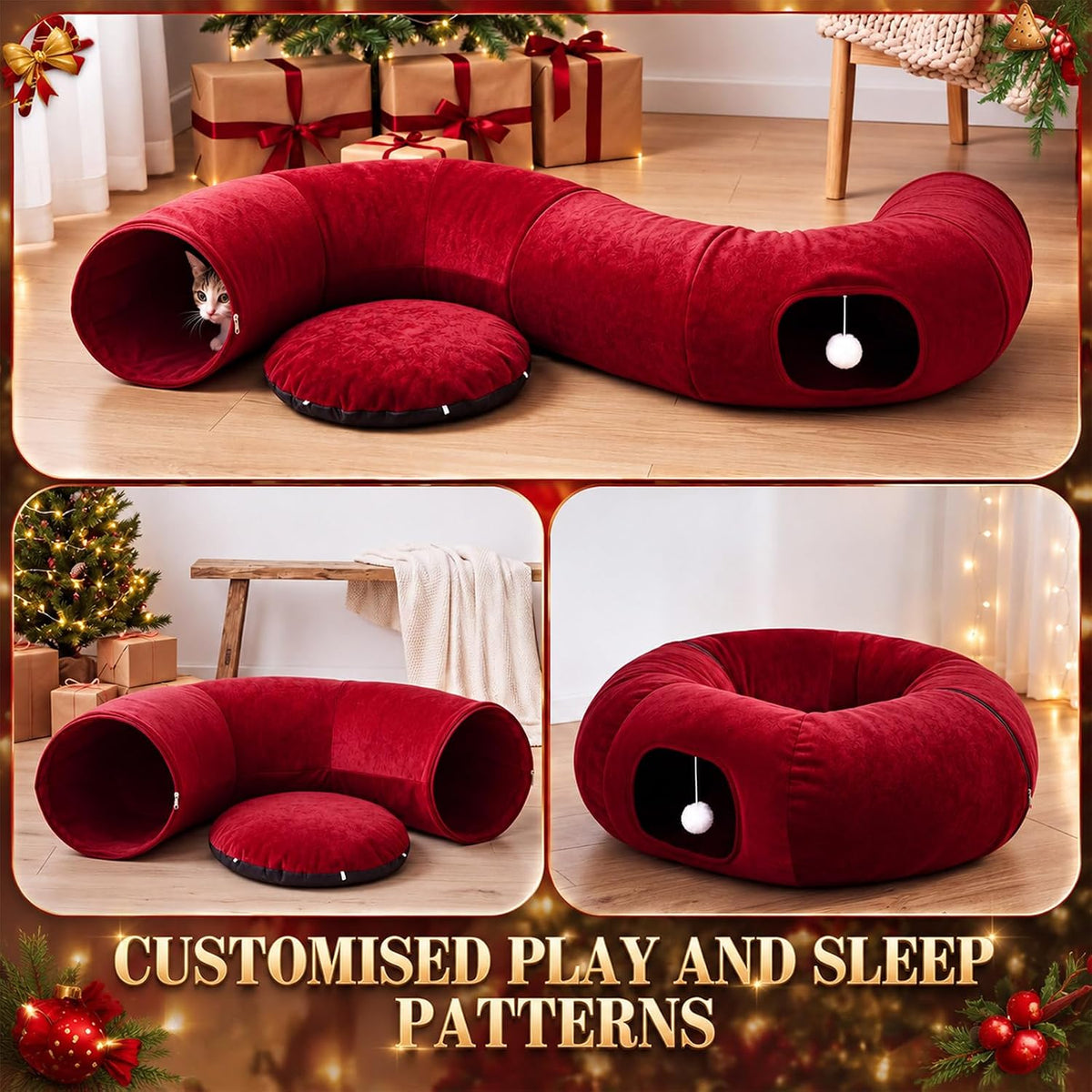 Christmas Tree Cat Tunnel 36in Donut Bed, Red, Velvet, Fluffy