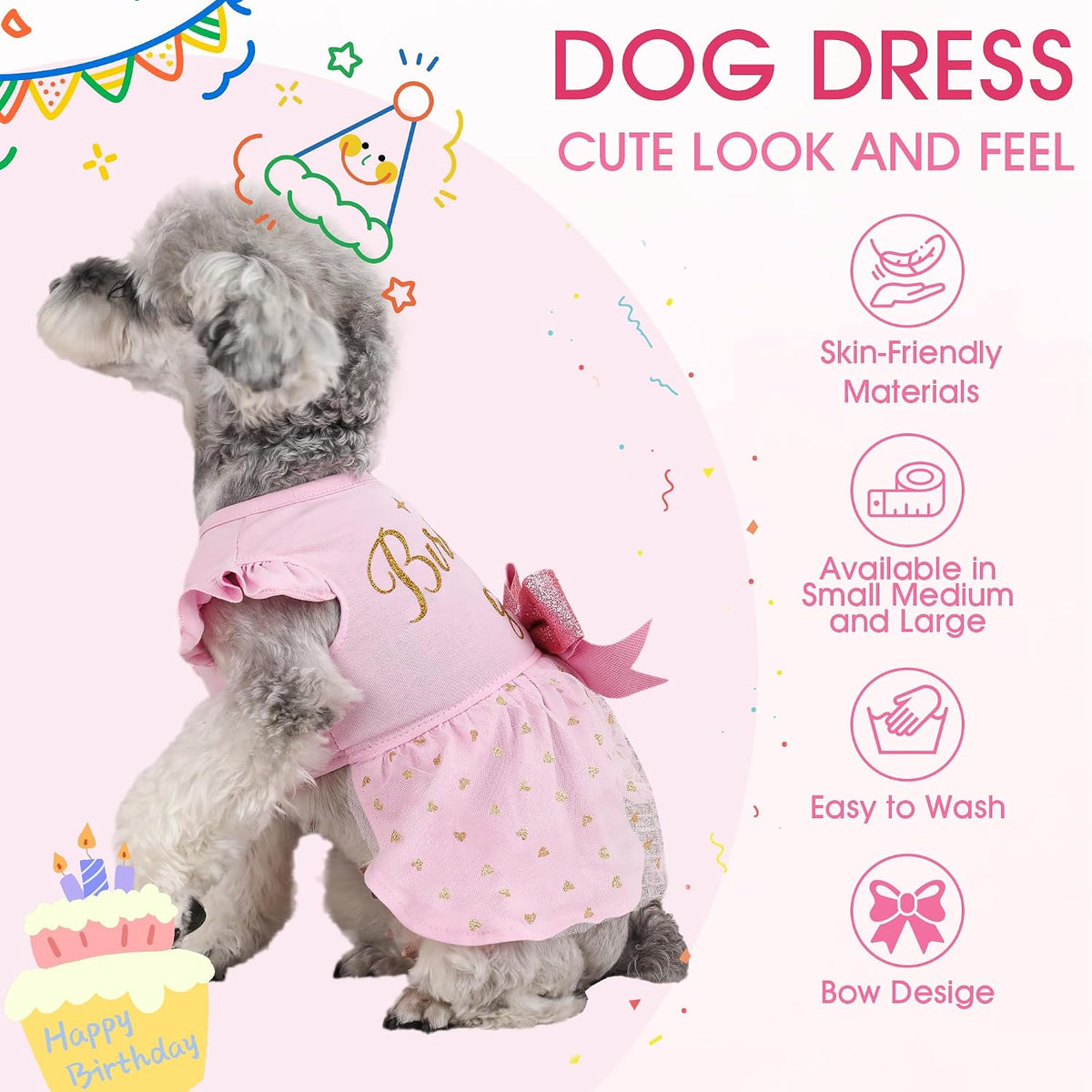 Dog Birthday Girl Dress Ruffle Dog Dress with Sparkly Pink Bowknot Tulle Birthday Princess Pet Clothes for Small Medium 