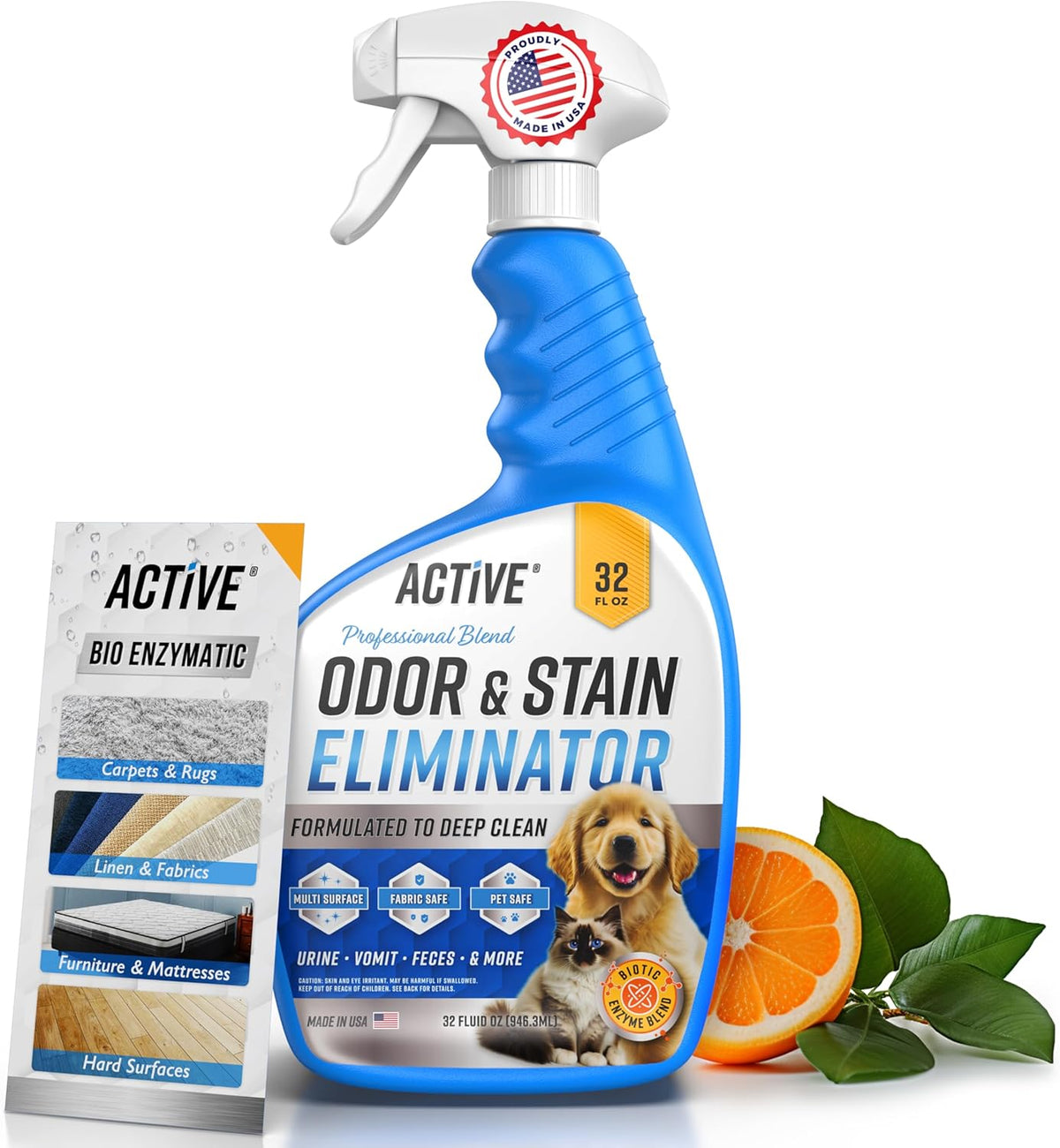 Pet Odor and Stain Eliminator - 32 oz ACTIVE Enzyme Cleaner for Dog & Cat Urine, Stain Remover Spray for Carpet, Upholst