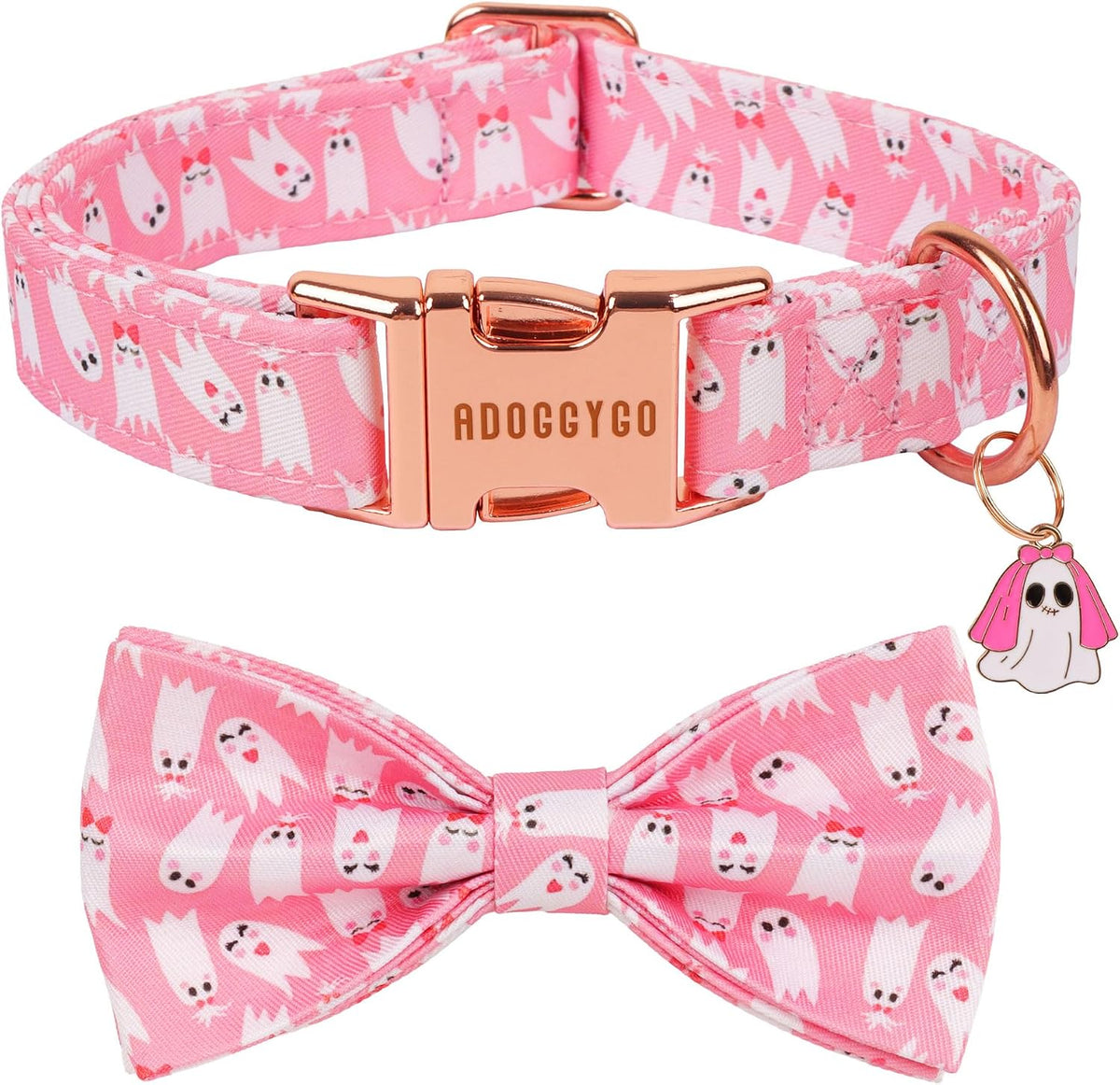 Pink Halloween Dog Collar Girl, Ghost Bow Dog Bow Tie Collar L