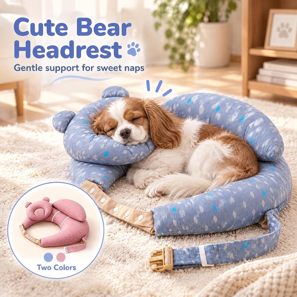 Soft Pet Travel Lap Pillow, U-Shaped Dog Car Seat Bed with Cute Bear Headrest, Portable Puppy Carrier Cushion for Train 