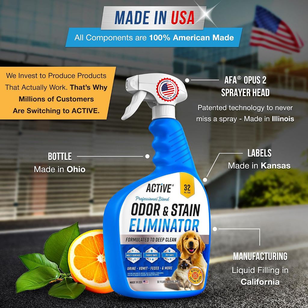 Pet Odor and Stain Eliminator - 32 oz ACTIVE Enzyme Cleaner for Dog & Cat Urine, Stain Remover Spray for Carpet, Upholst