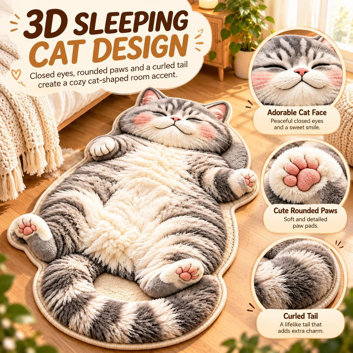 31.5 * 47.2in 3D Cozy Cat Rugs, Plush Sleeping Cat Shaped Rug for Bedroom (Style B, 15.7 × 23.6in)