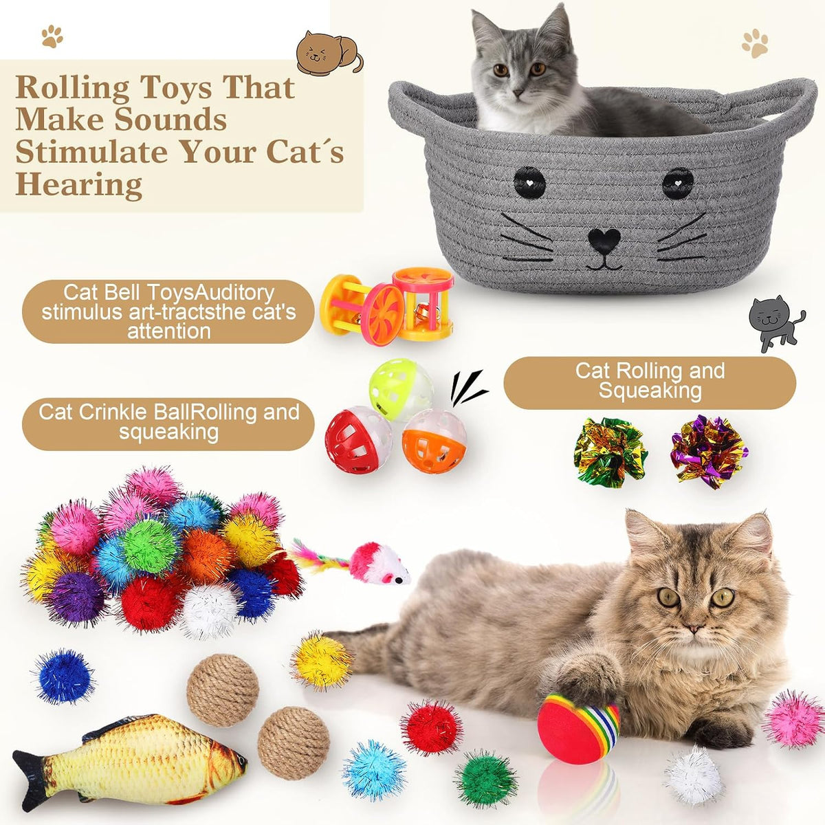 Zopeal 58 Pcs Cat Toy Set with Storage Basket Indoor, Grey, 9.8 Inch