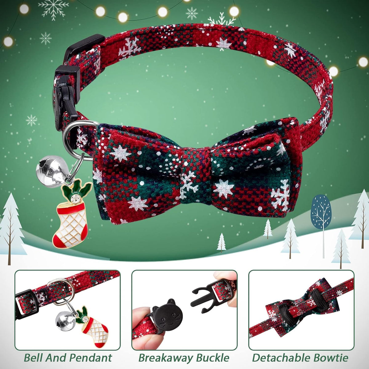 LLHK 4 Pack Christmas Cat Collars with Bow Tie and Bell,Breakaway Kitten Collar for Girl Boy Cats,Adjustable 7-12inch, f