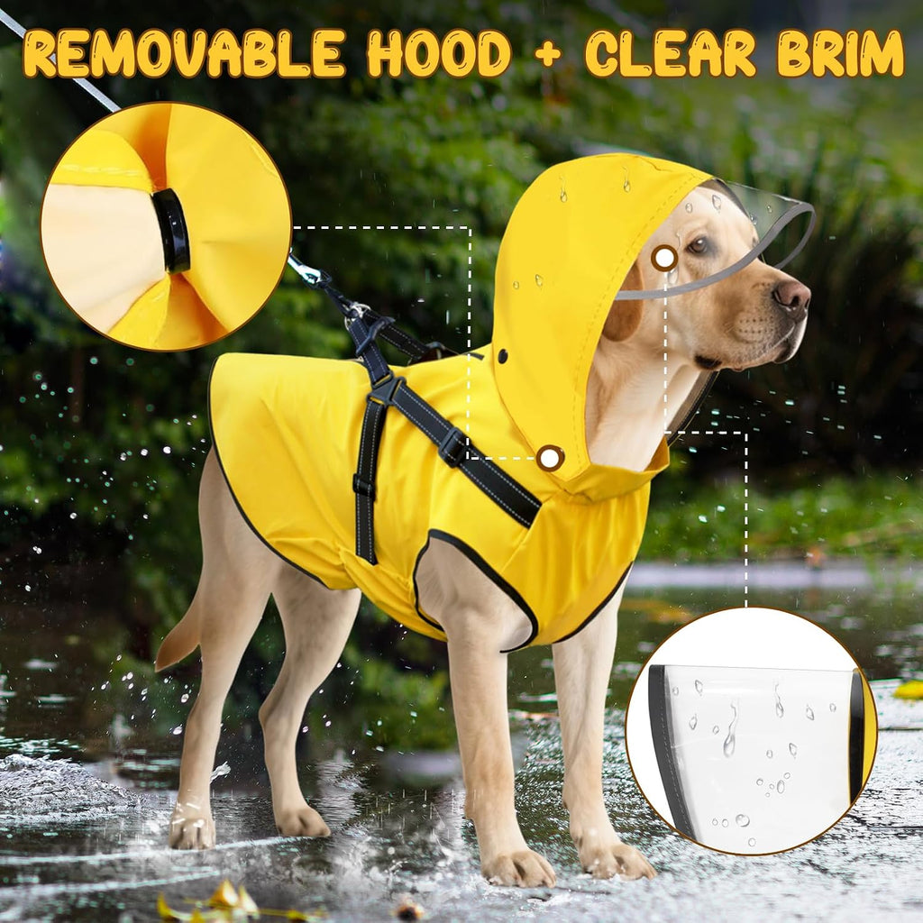 Dog Raincoat: Dog Rain Jacket with Reflective Harness & Removable Hood | Waterproof Dogs Rain Coat Poncho for Large Medi