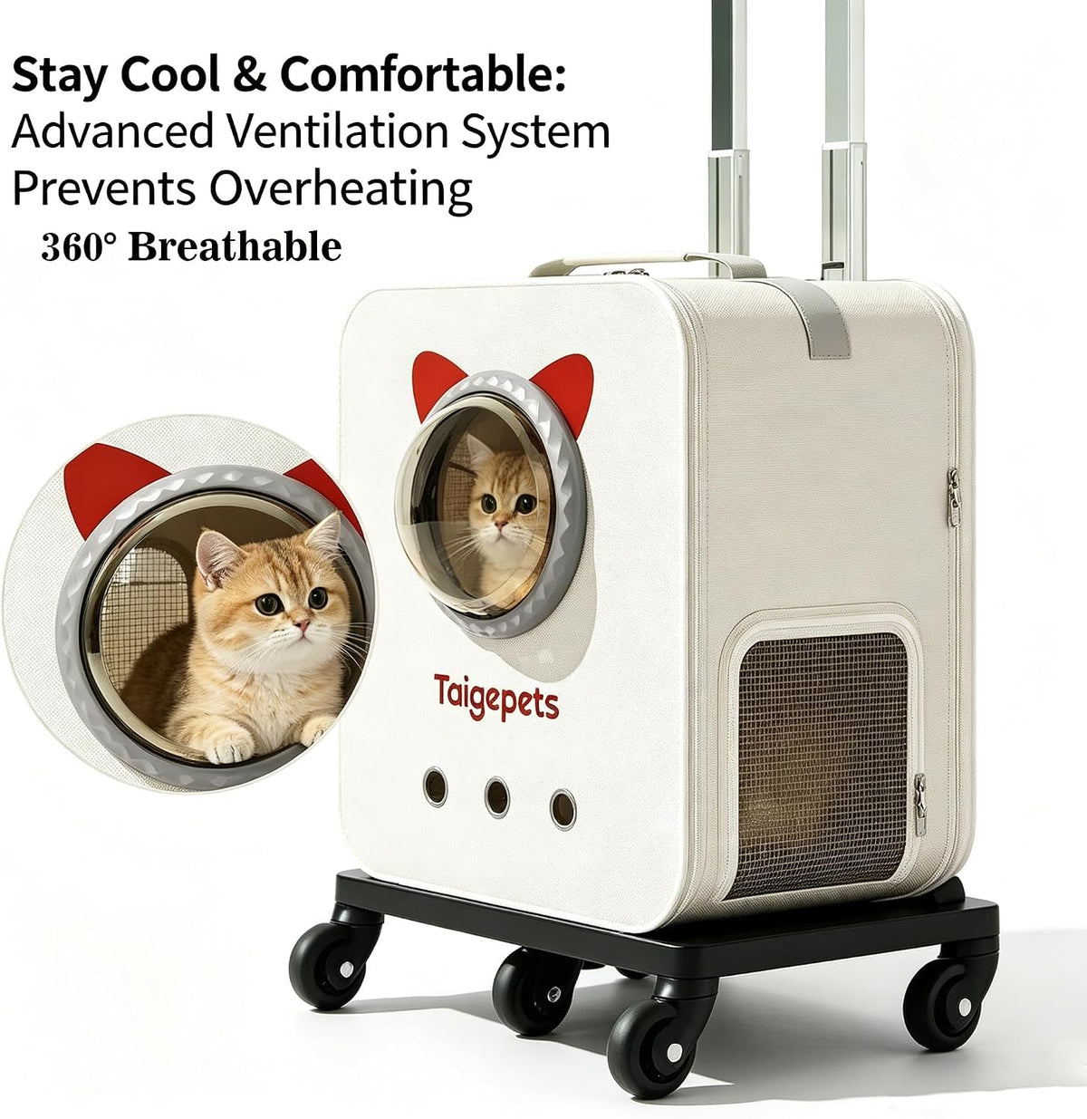 Rolling Cat Carrier Backpack with Wheels, Large Breathable Pet Travel Bag, Lightweight Space Capsule Pet Luggage Carrier