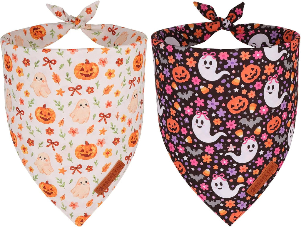 Halloween Floral Dog Bandanas, Ghost Pumpkin Fall Dog Scarf, L