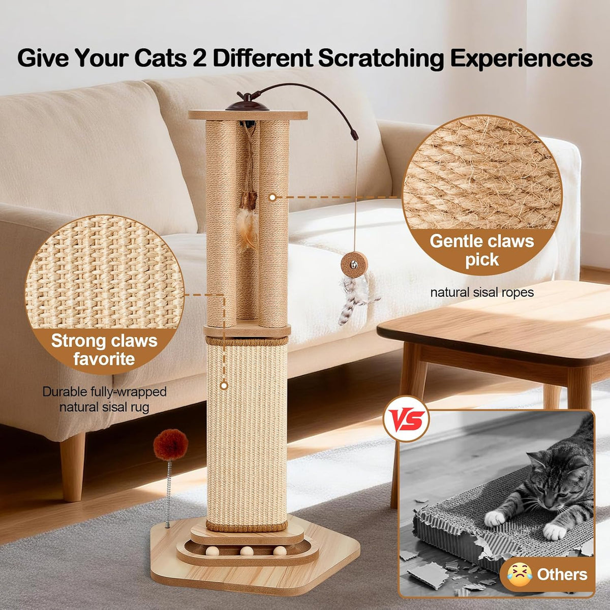 Odoland 34 Inch Cat Scratching Post for Multi Cats with 4 Interactive Toys