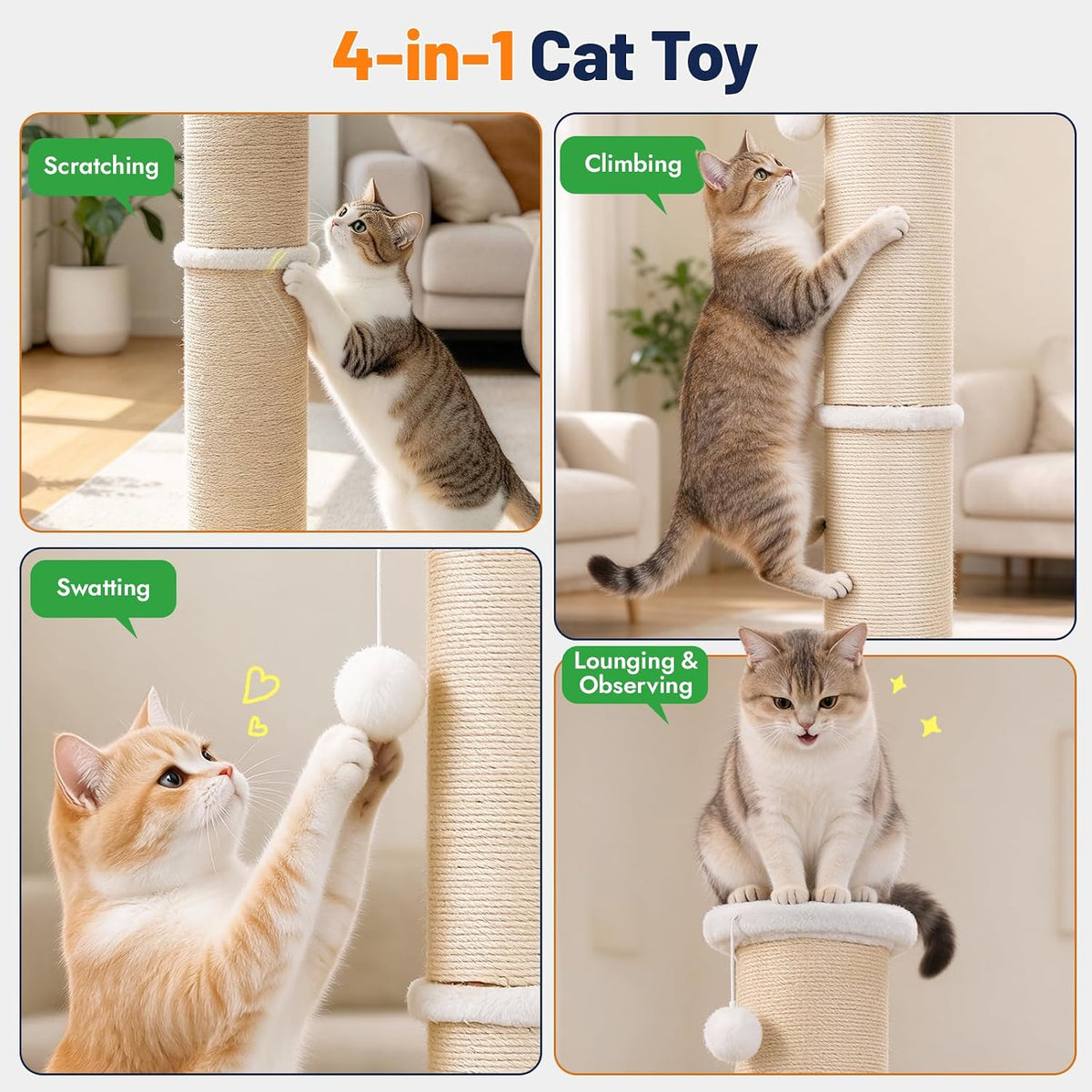 Tall Cat Scratching Post, 32in Thickened Sisal Post for Large Cats