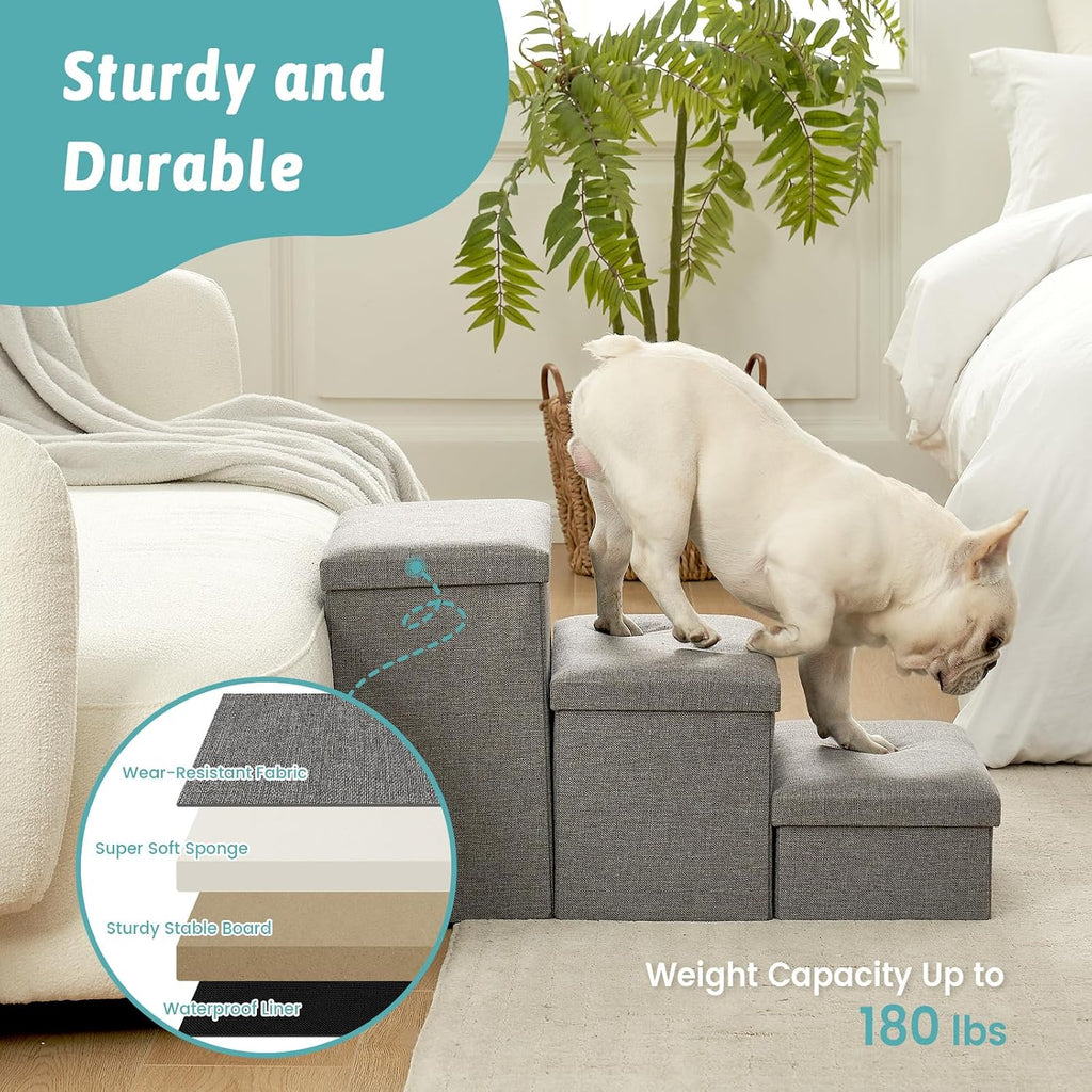COZY KISS Dog Stairs with Storage, 16.7" H Wider Dog Steps, 3-Step
