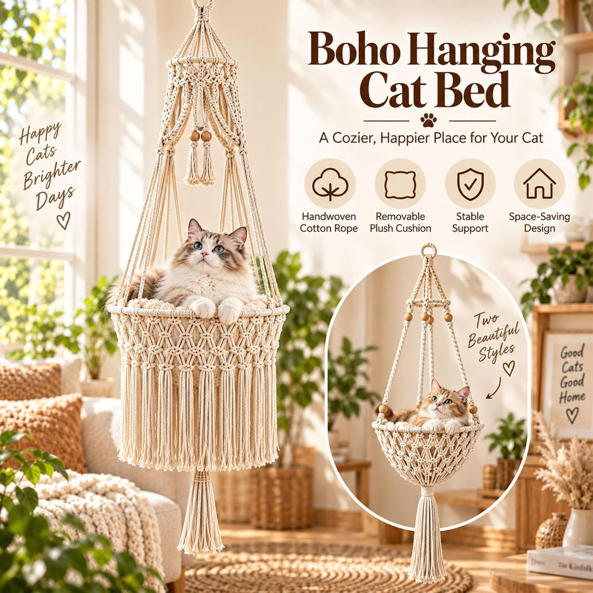 Boho Hanging Cat Bed, Macrame Cat Hammock with Plush Cushion (#A)