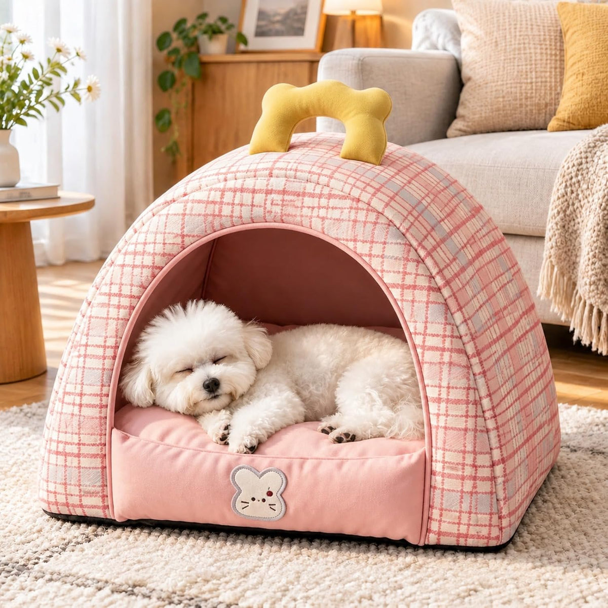 Small Dog House Indoor with Carry Handle & Washable Pad,Pet Cave Bed，Pink：L