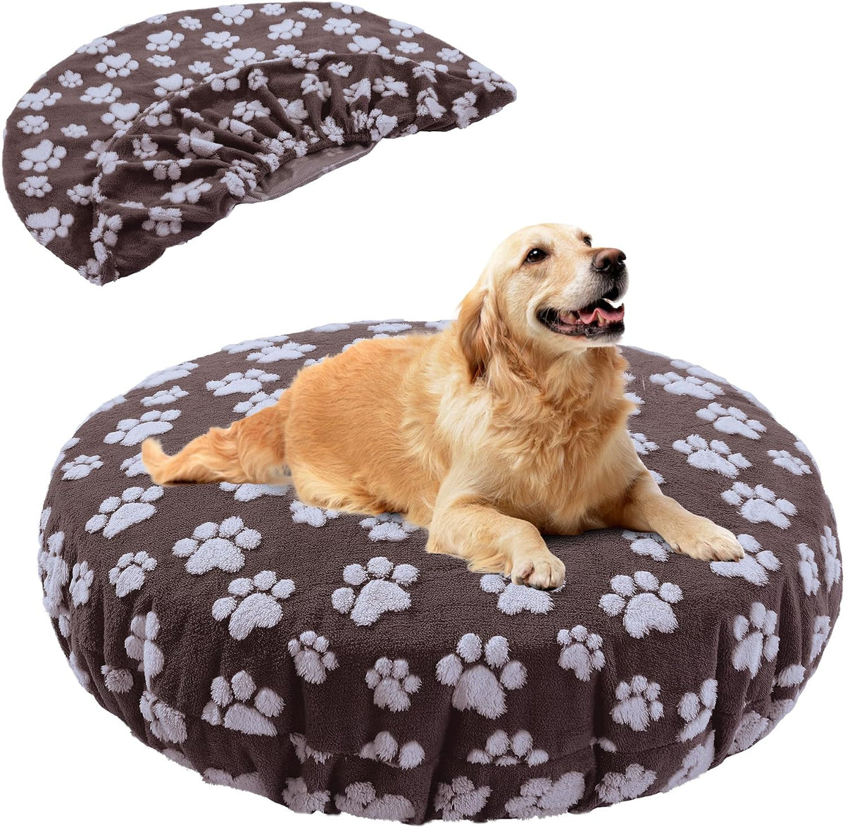 Washable Dog Bed Covers Replacement Round Waterproof Bed Cover for Dog Soft Pet Bed Cover with Lovely Dog Paw Print and 