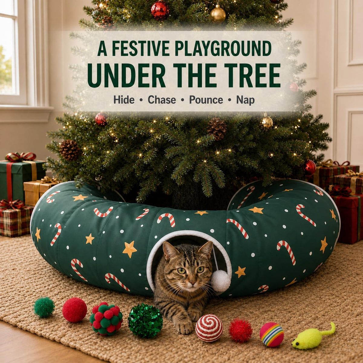 Cat Tunnel Under Tree in Christmas Style with Star, Crutches Candy, and Snowflakes Patterns - 3FT x 3FT x 9.8 INCH Size 