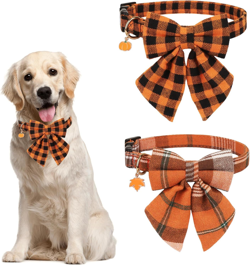 Fall Dog Collar 2 Pack, Orange Plaid Thanksgiving Shirt Collar, M