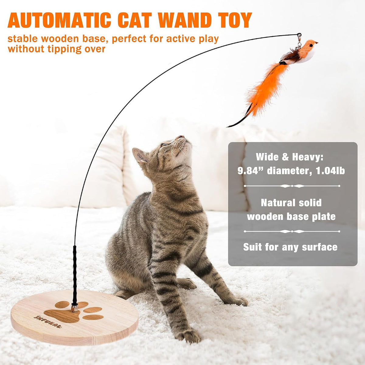 JXFUKAL Interactive cat Toy, Automatic Cat Wand Toy with Stable Wooden Base, 2 PCS Detachable Cat Teaser, 5PCS Refills R