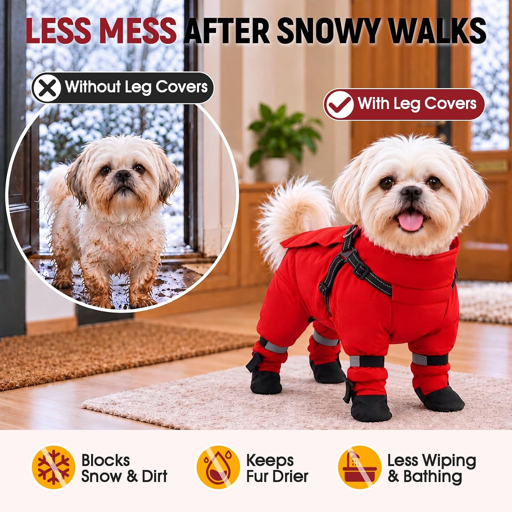 Dog Snowsuit with Attached Boots, Full Body Dog Coat with Built-in Harness