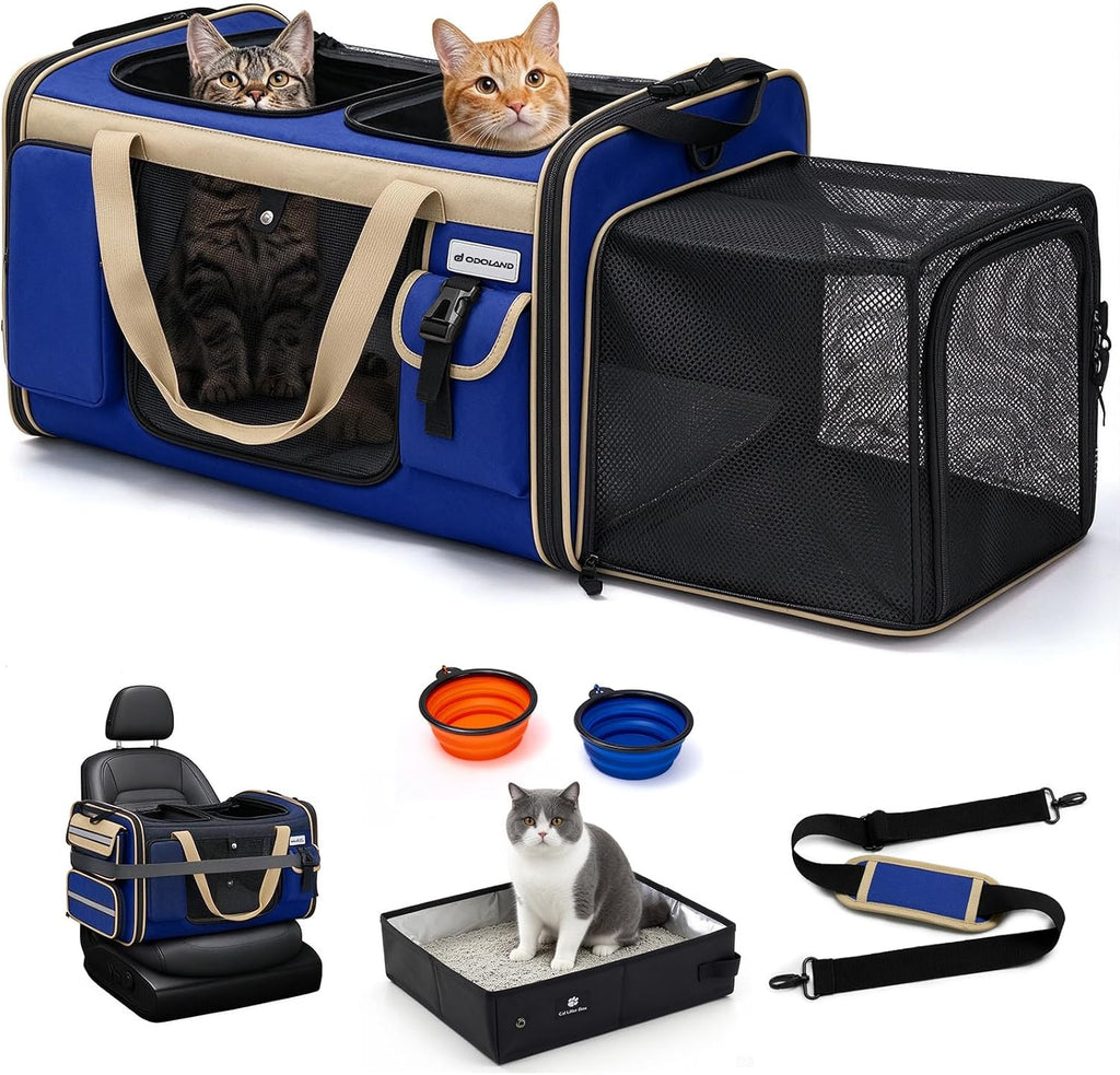 Odoland Expandable Cat Carrier for 2 Cats with Litter Box, Large Soft Sided