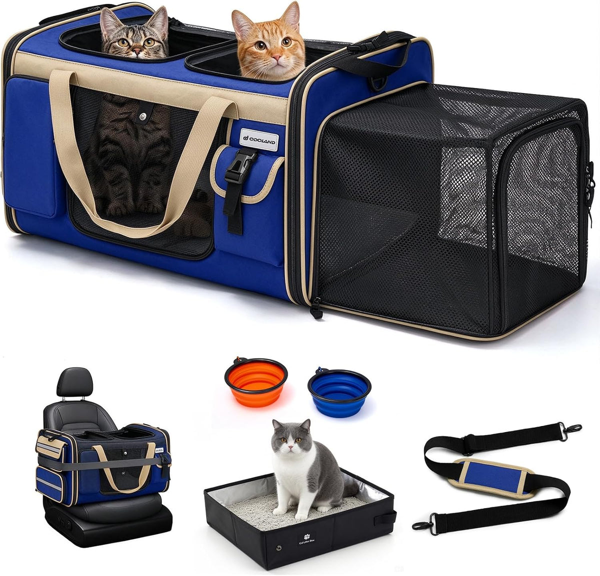 Odoland Expandable Cat Carrier for 2 Cats with Litter Box, Large Soft Sided