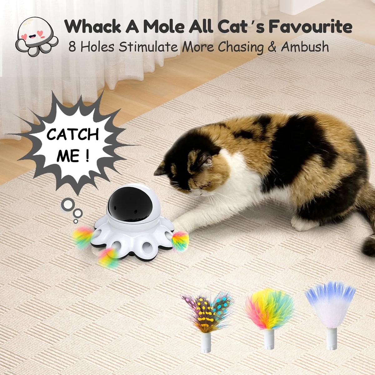 ORSDA Cat Laser Toy, 2-in-1 Interactive Automatic Motion Activated Moving 8 Holes Whack A Mole Feather, USB Rechargeable