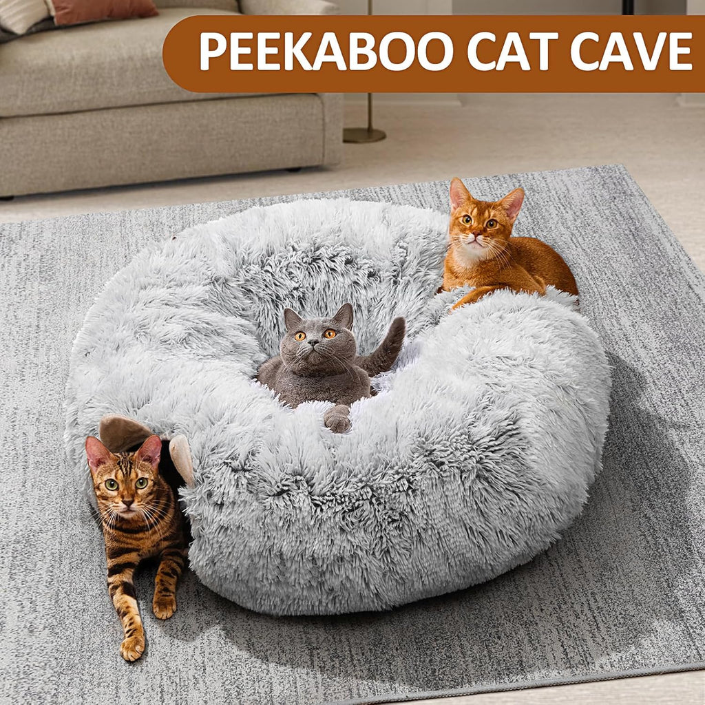 Cat Tunnel with Cat Bed for Indoor Cats, Under Christmas Tree Soft Plush Peekaboo Cat Cave Donut Tunnel, Multifunctional