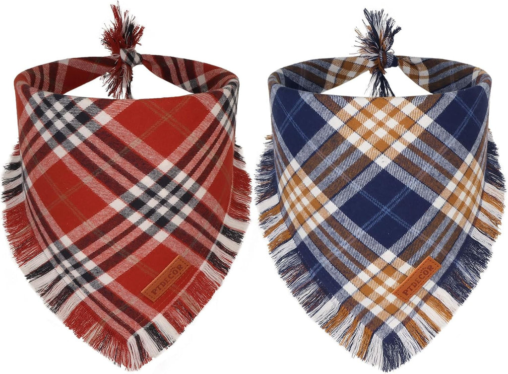 PTDECOR Fall Plaid Dog Bandana with Tassels,Thanksgiving Pet Scarf, Large