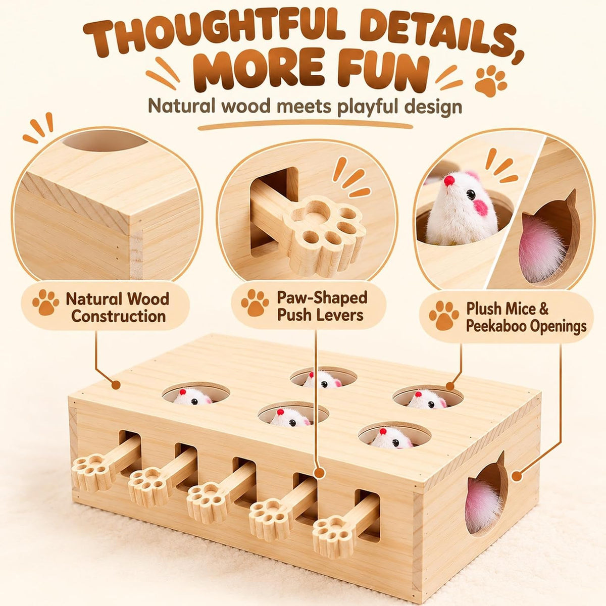 Wooden Whack-A-Mole Pet Game for Dog Cat Interactive Pop Up Puzzle Box, Solid Wood Interactive Cat Toy for Boredom Relie