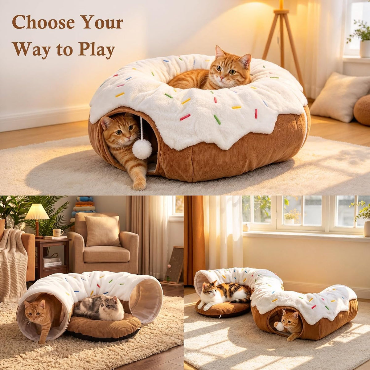 Donut Cat Bed Tunnel for Indoor Cats with Hanging Pom Pom Toy