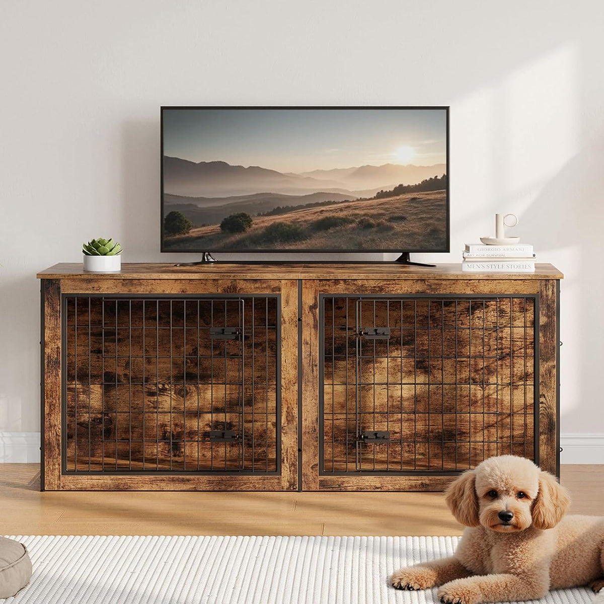 HOOBRO Dog Crate Furniture for 2 Dogs, 63" Large Double Dog Crate Furniture with Divider, Wooden Indoor Kennel TV Stand 