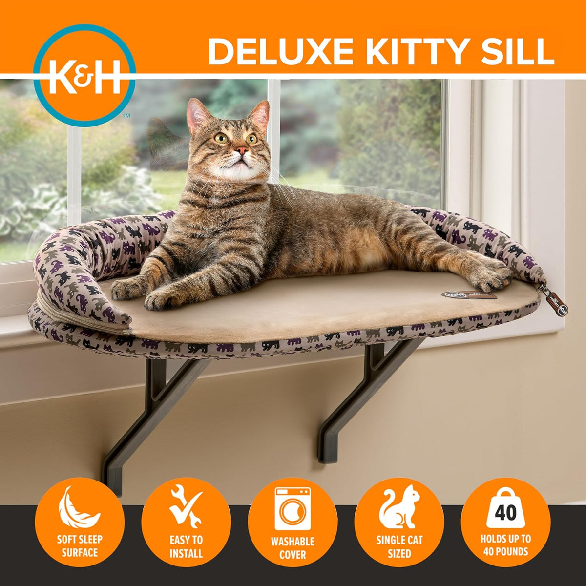 K&H PET PRODUCTS Deluxe Kitty Sill with Removable Bolster Tan/Kitty Print 14 X 24 Inches