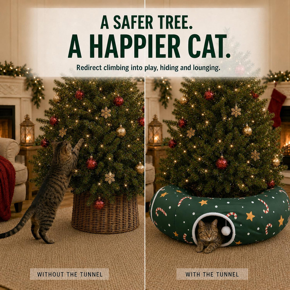 Cat Tunnel Under Tree in Christmas Style with Star, Crutches Candy, and Snowflakes Patterns - 3FT x 3FT x 9.8 INCH Size 