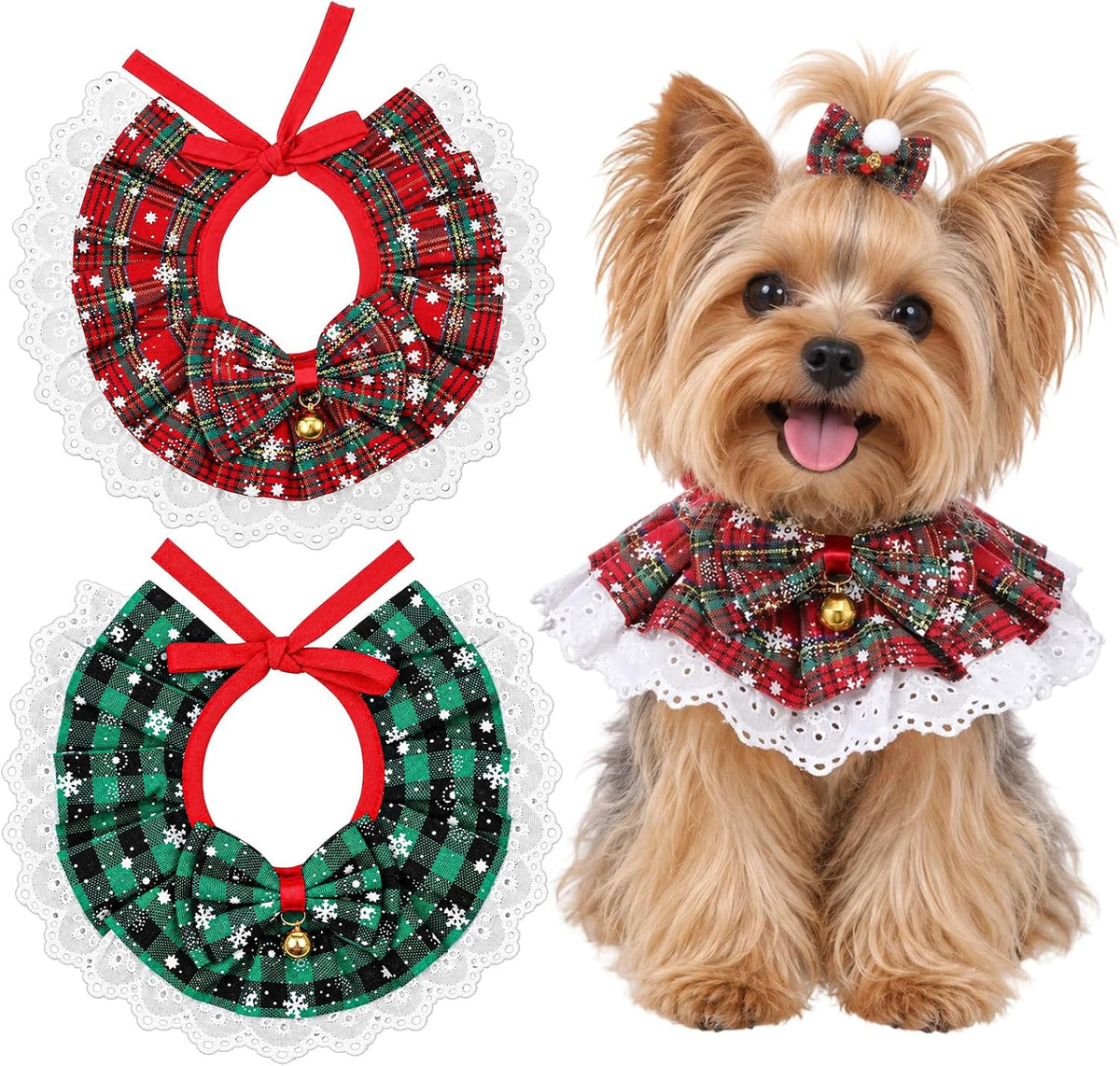 Amabro 2Pcs Dog Christmas Outfit Bandana Set Holiday Pet Scarf with Bells