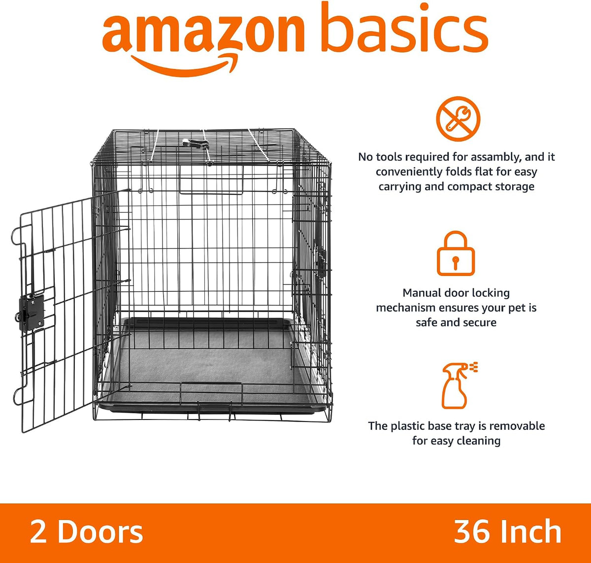 Amazon Basics Portable, Easy to Assemble, Foldable Metal Wire Dog Crate with Removable Tray, Double Door, Divider Panel,