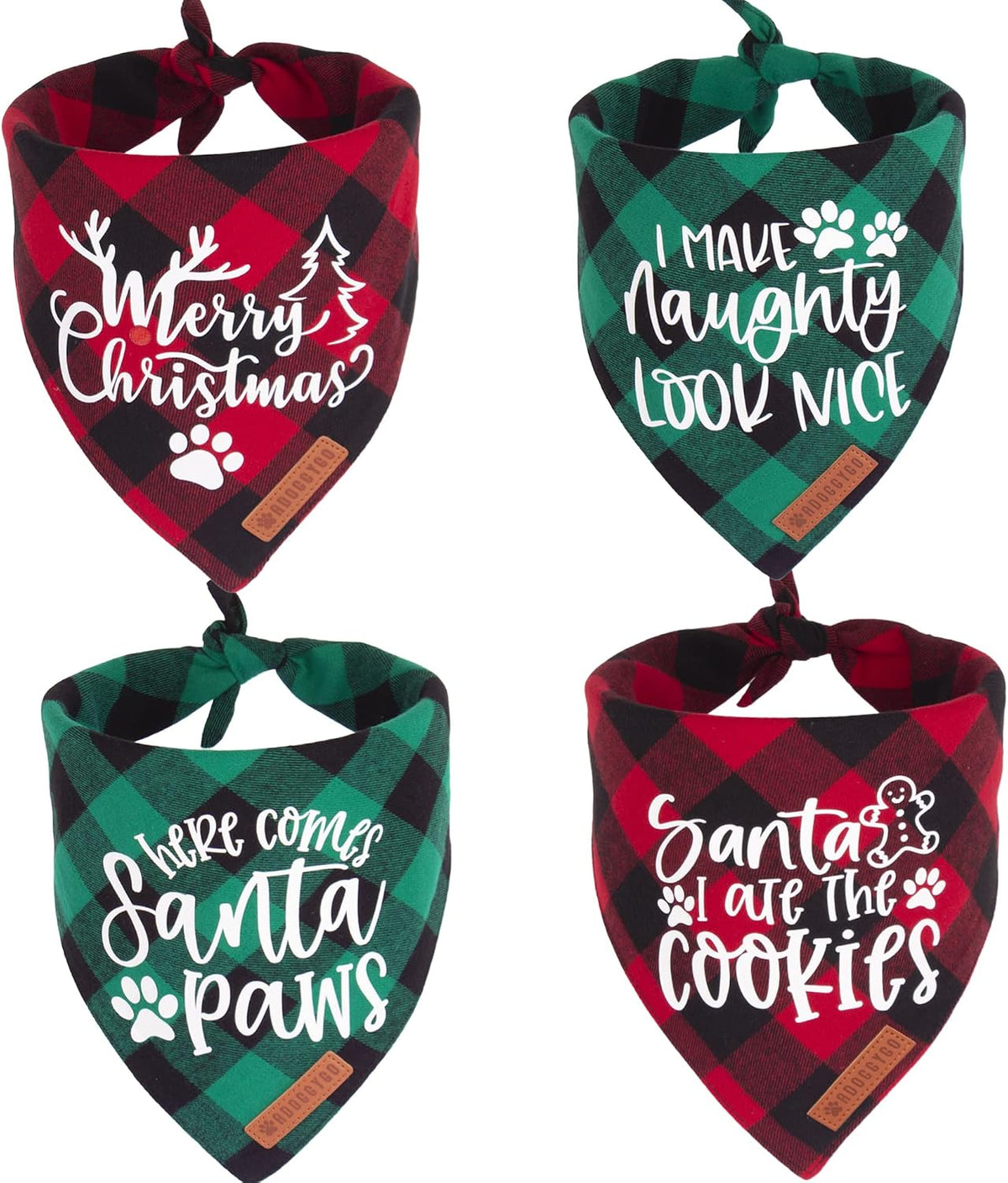 Fall Christmas Dog Bandanas, Plaid Dog Scarf, 4 Pack, Large