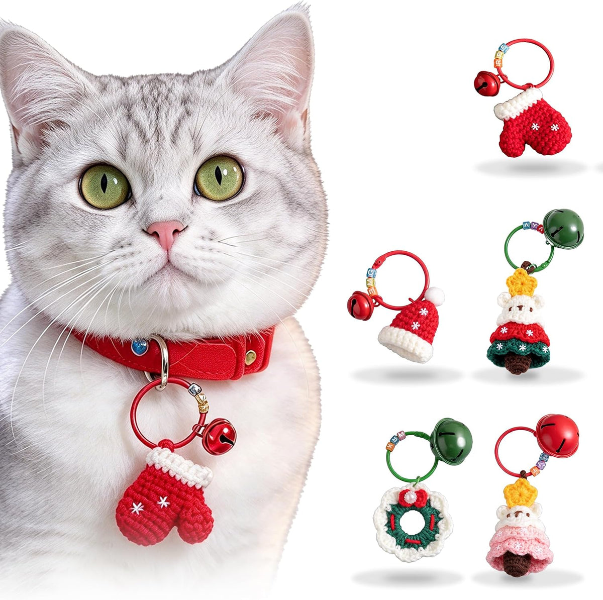 Christmas Pet Collar Charm, Handmade Crochet Cat & Dog Collar Pendant with Bell, Festive Pet Gift and Photo Prop (Gloves