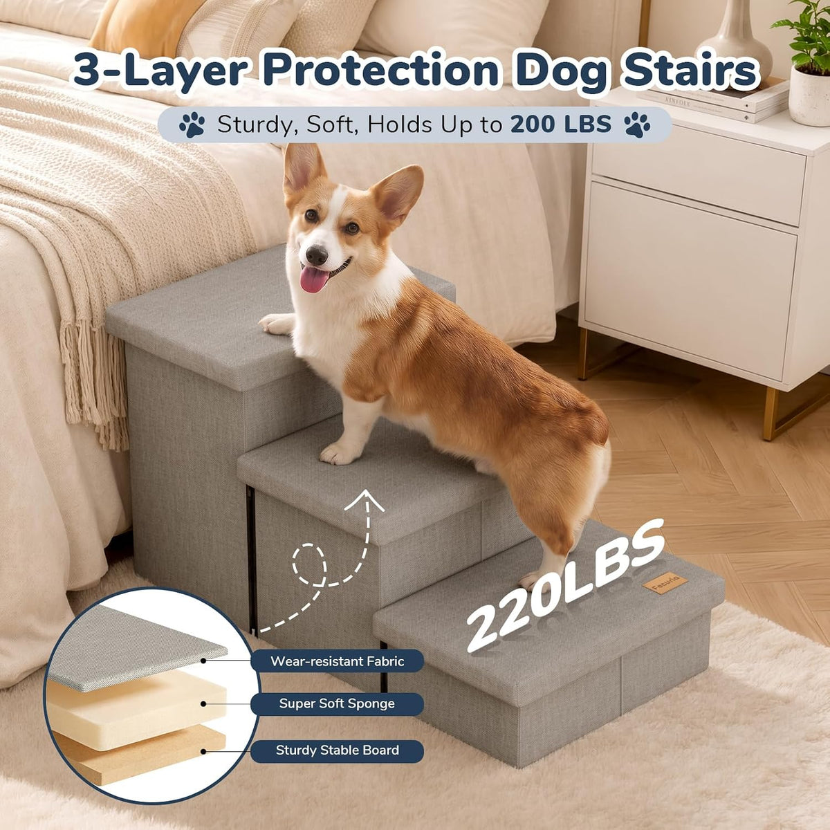 3-Step Dog Stairs for Large Dogs with Storage 18" H, Light Grey
