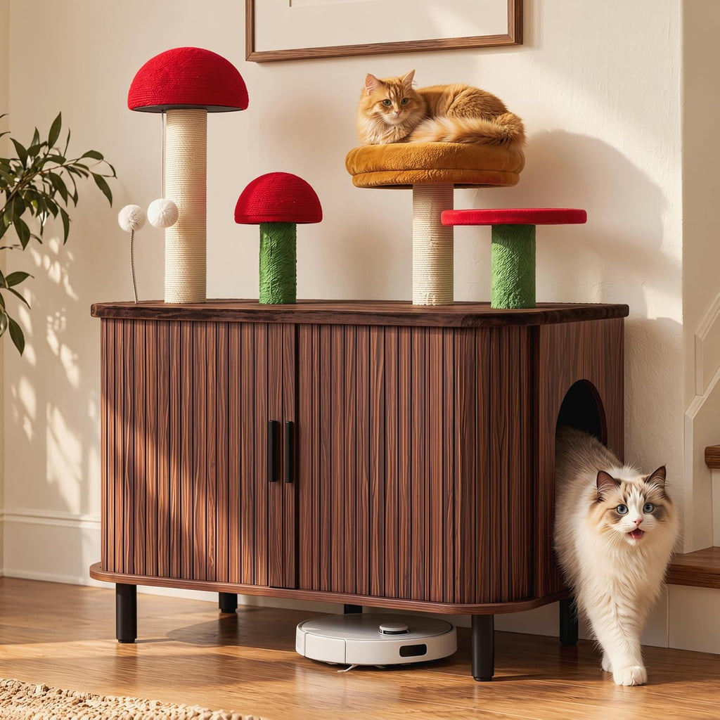IRONCK Cat Litter Box Enclosure with Mushroom Cat Tree